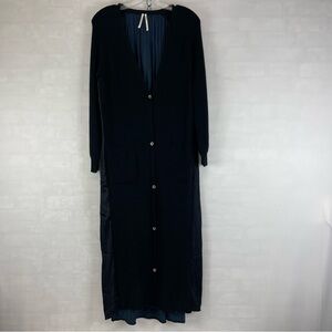 Anthropologie Long Twofer Cardigan‎ Duster Black Knit Satin Back Women’s XS
